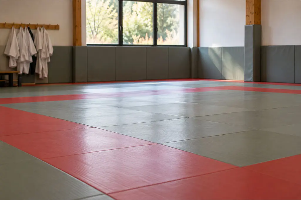 Dojo de club d'arts martiaux avec tatamis et protections