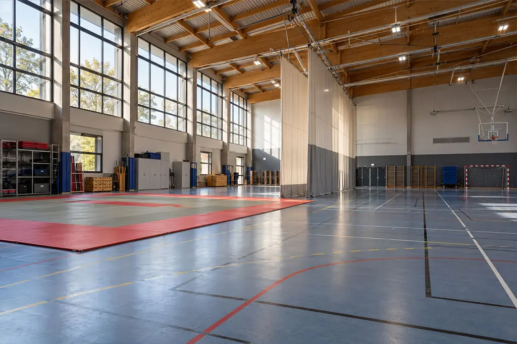 Gymnase multisports partagé avec zone de tatamis et rideau séparateur