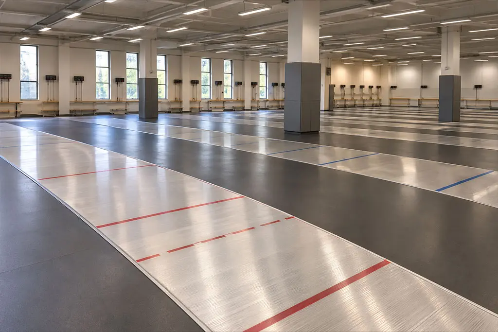 Pistes d'escrime d'une salle d'armes avec marquages réglementaires