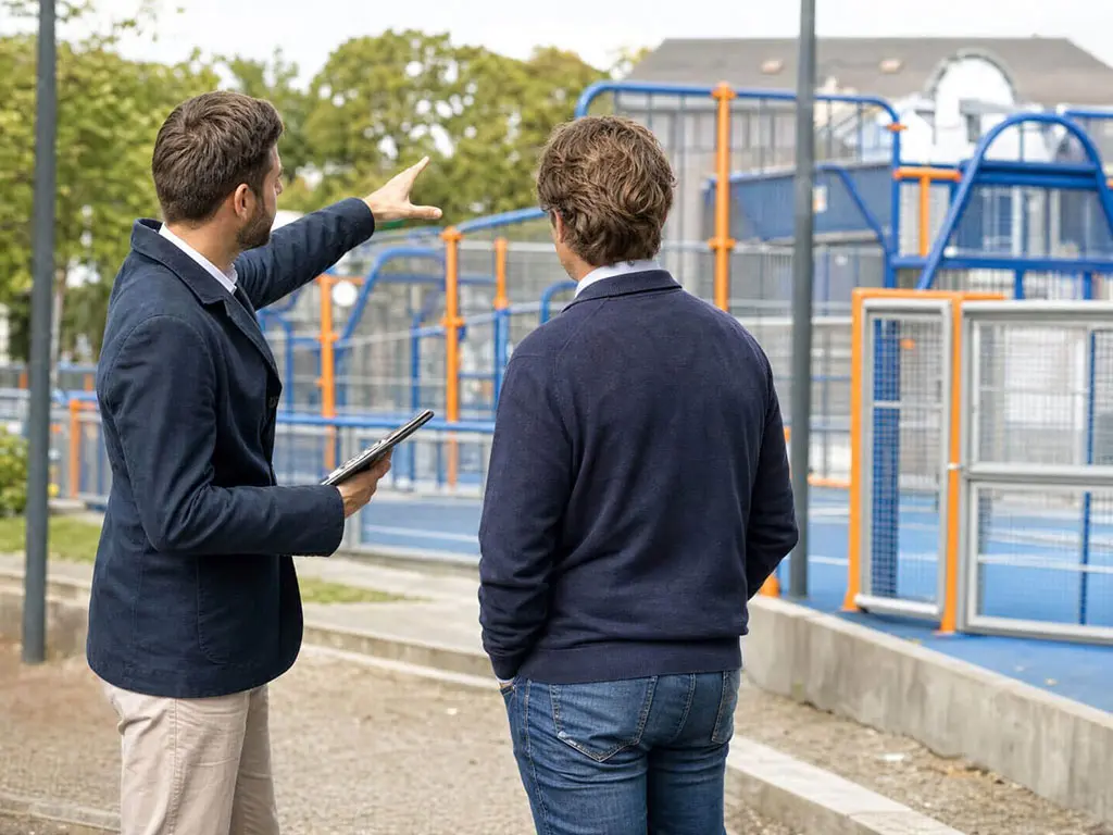 Technicien remettant un rapport de contrôle d'équipements sportifs à un élu local