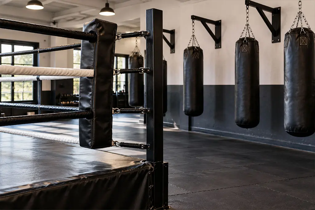 Ring de boxe et sacs de frappe sur potences murales