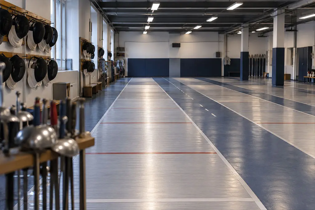 Salle d'armes avec pistes d'escrime parallèles