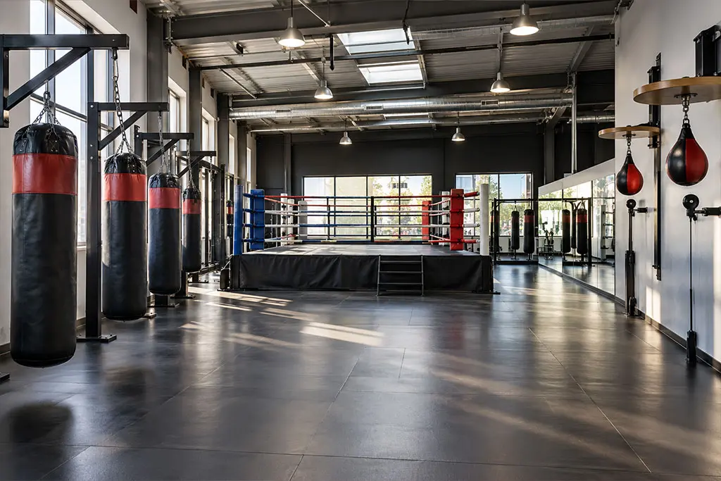 Salle de club de boxe avec ring, sacs et poires de vitesse
