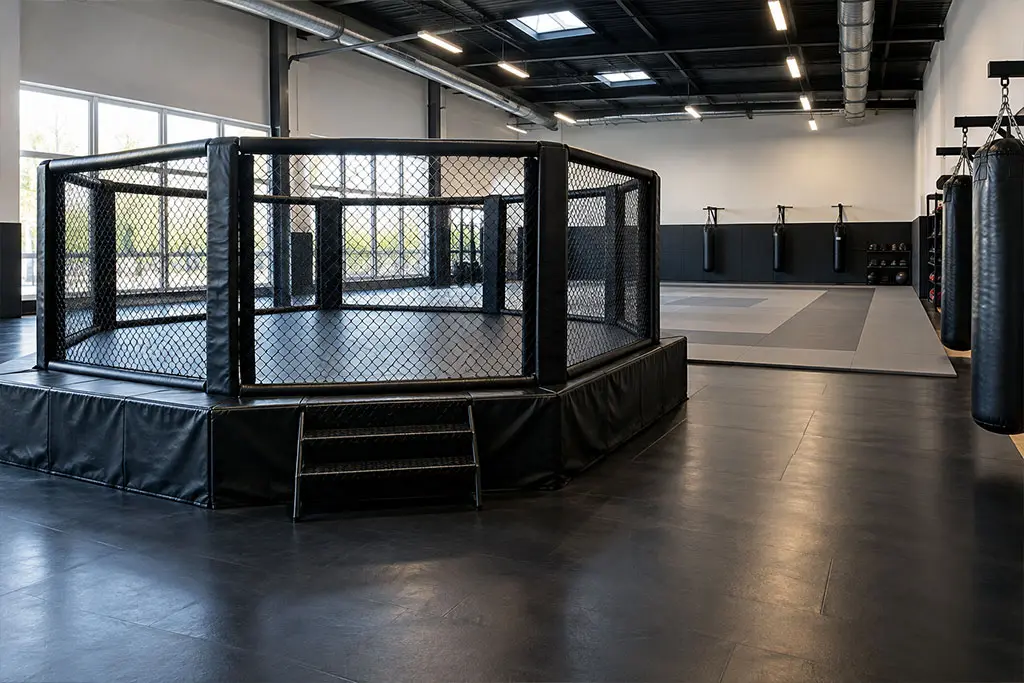 Salle de MMA avec cage octogonale et surface de combat