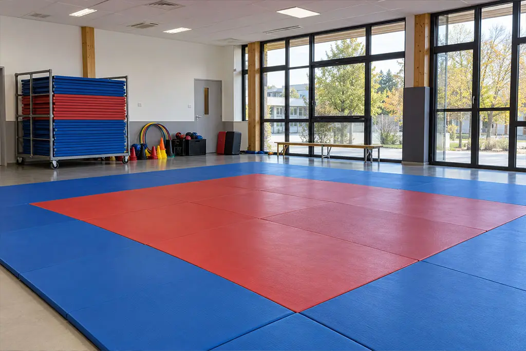 Salle scolaire avec tapis de combat mobiles et chariot de rangement