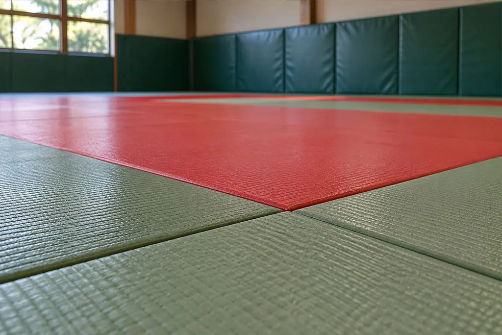 Surface de tatamis de judo avec protections murales dans un dojo